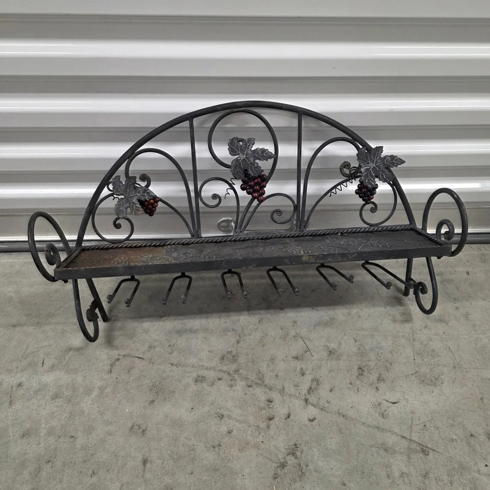 Wrought Iron Wall Mounted Wine Rack Stemware Glass Holder Grape Leaf Rustic Deco